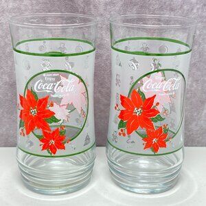 Vintage Coca-Cola Poinsettia Frosted Holiday Christmas Glass Tumblers Set Of 2
